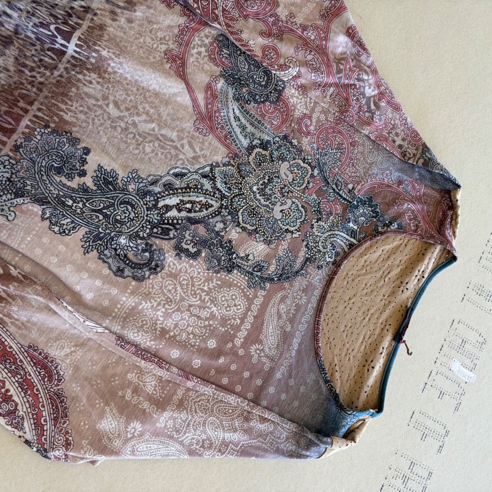 Y2K Grunge Fairy One World Paisley Embellished 3/4 Sleeve Top